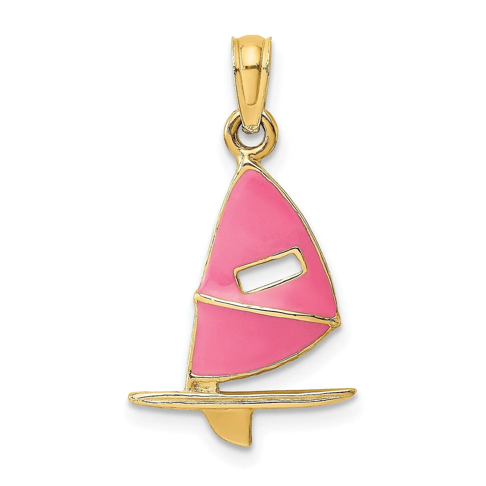 14K Yellow Gold Polished Pink Enameled Finished Windsail Surf Board Charm Pendant