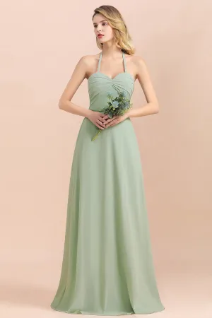 A-Line Halter Sweetheart Chiffon Sage Bridesmaid Dress Chic Long Wedding Guest Dress