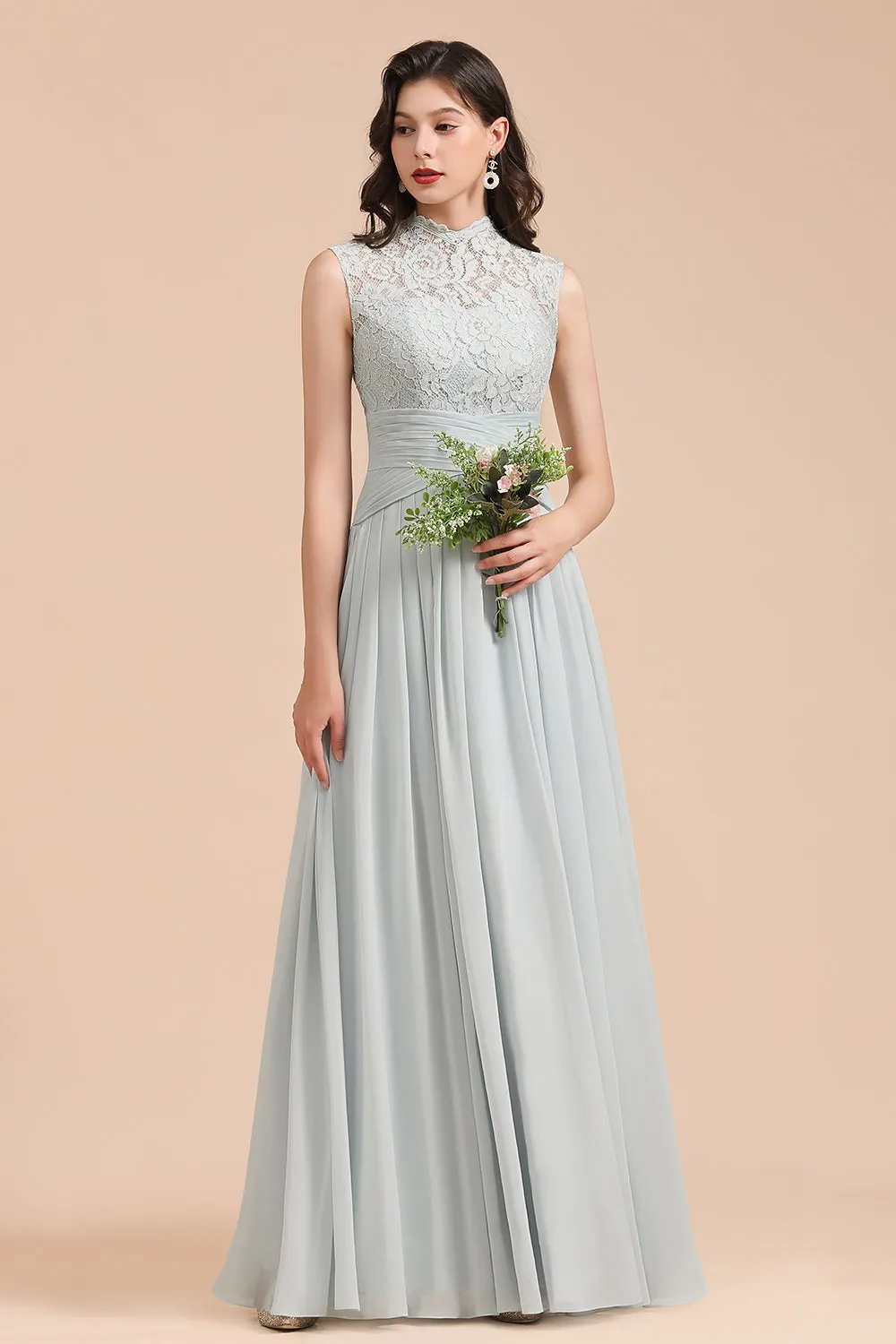 A-line High Neck Lace Chiffon Long Bridesmaid Dress