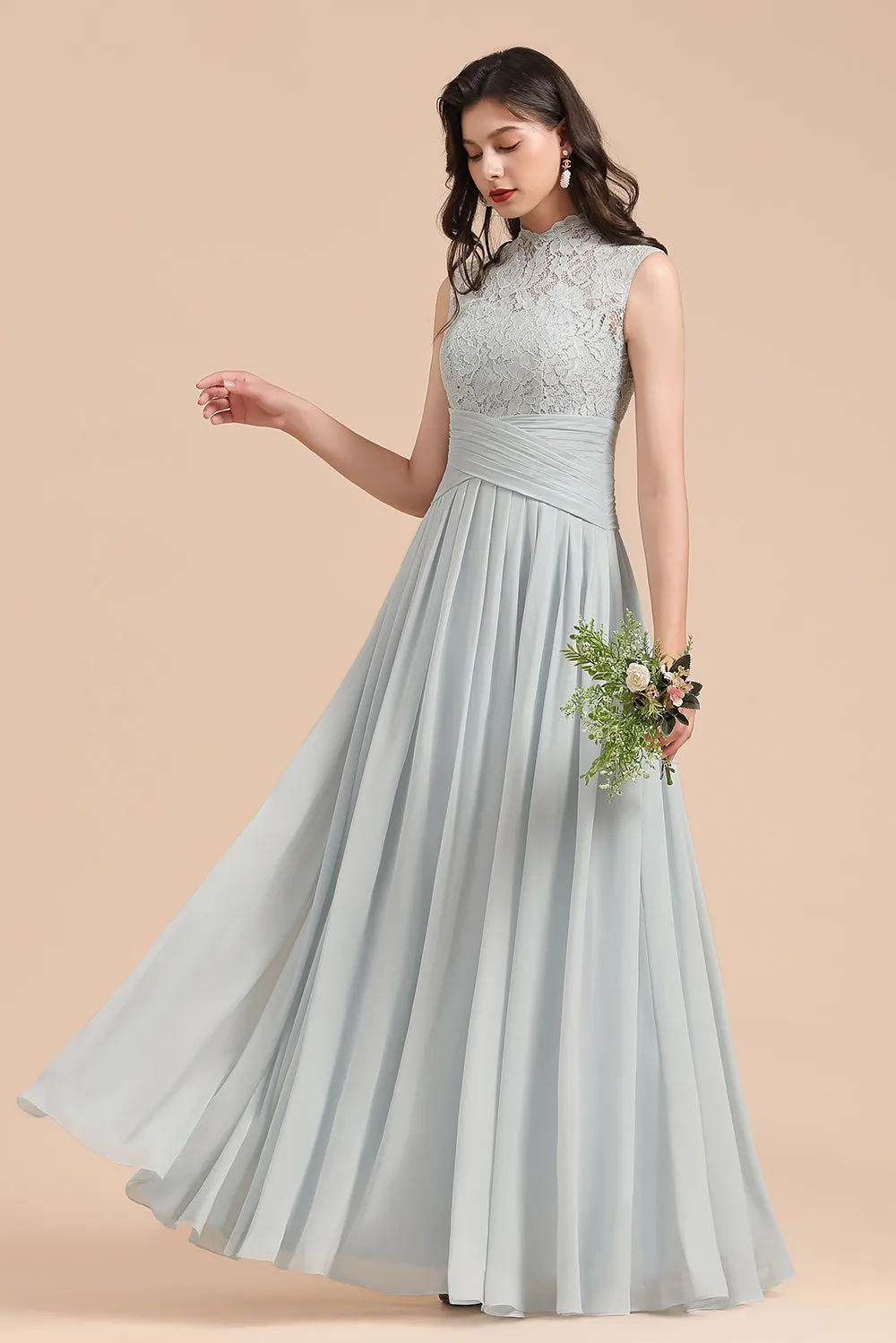 A-line High Neck Lace Chiffon Long Bridesmaid Dress