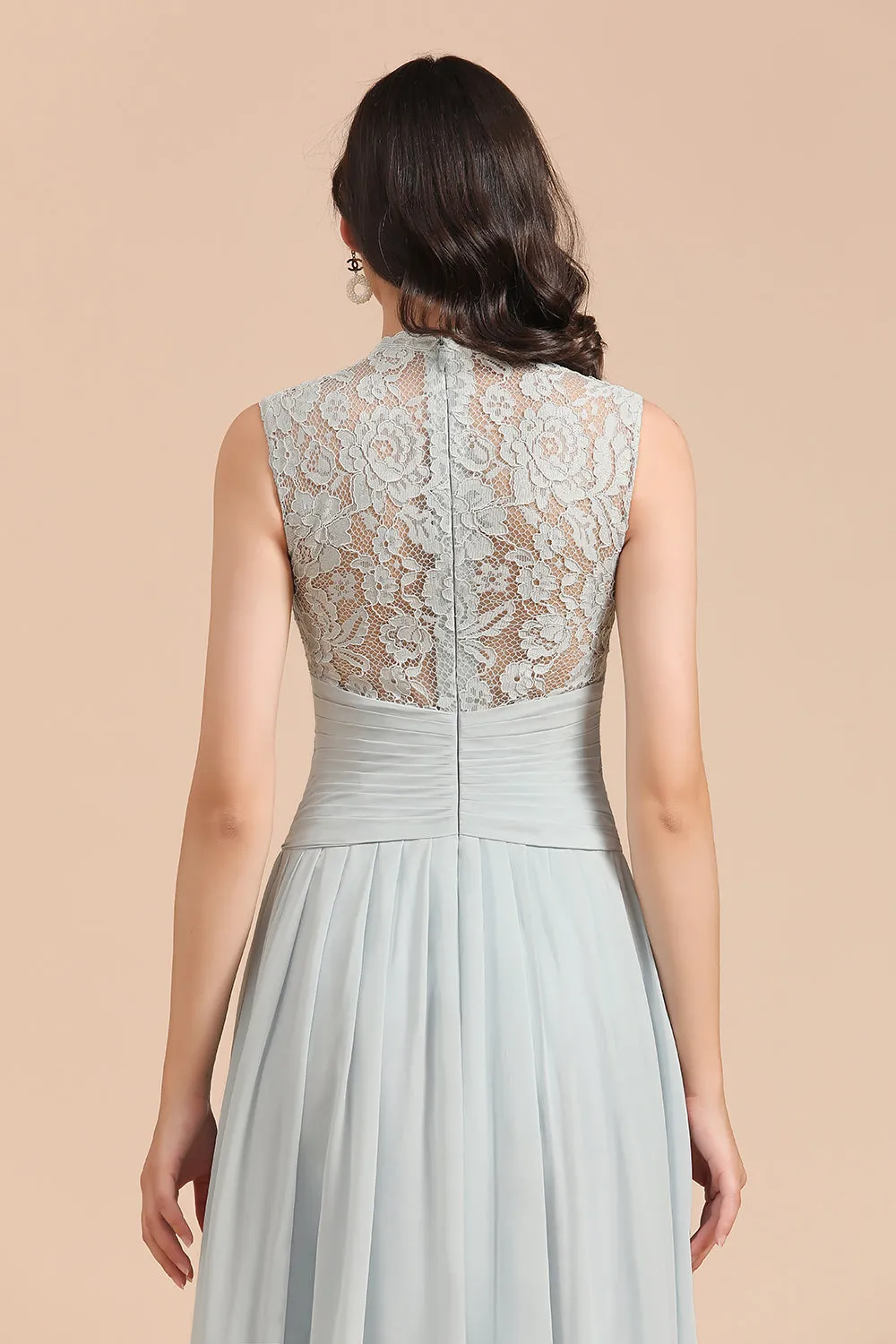 A-line High Neck Lace Chiffon Long Bridesmaid Dress