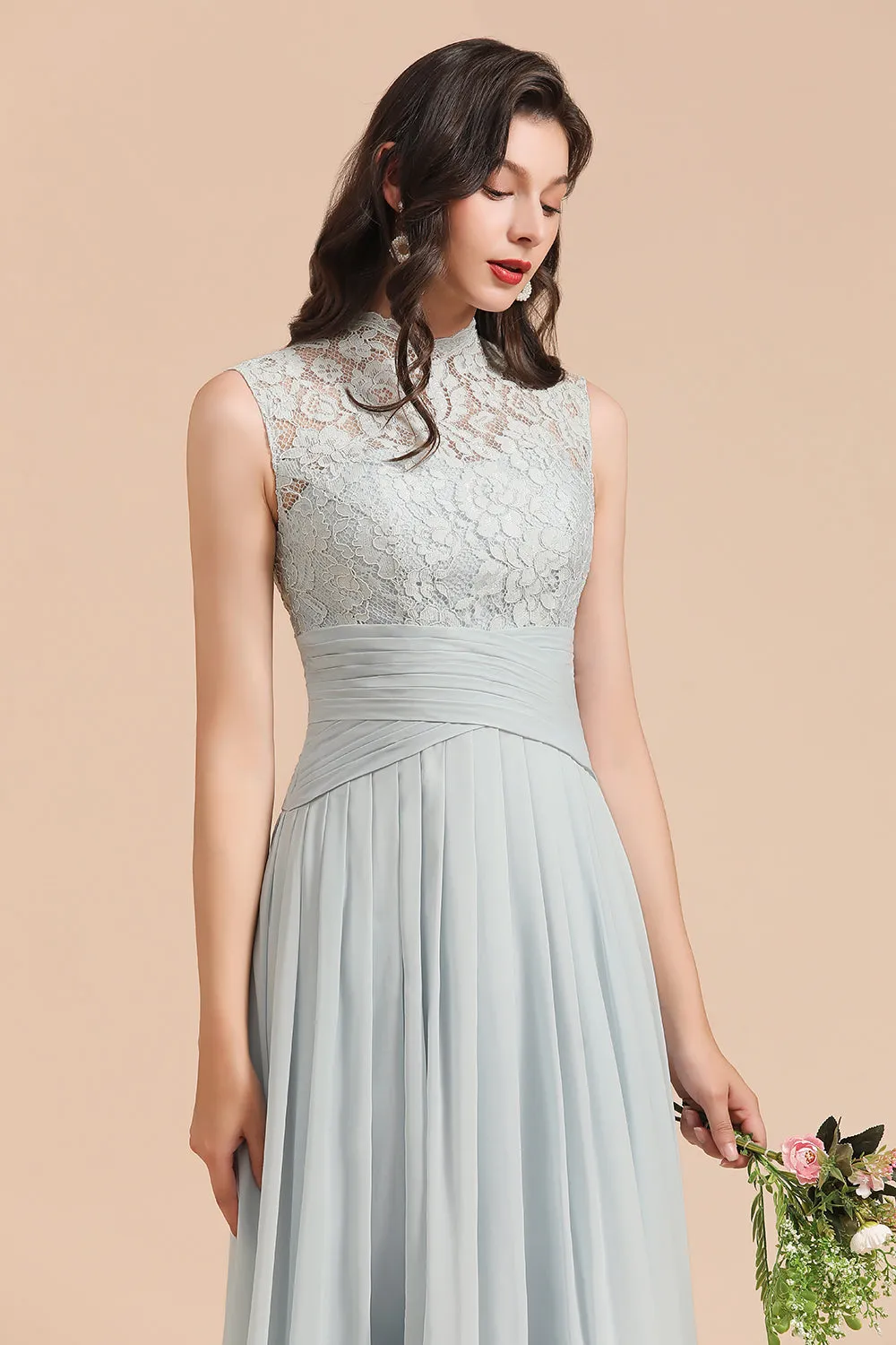 A-line High Neck Lace Chiffon Long Bridesmaid Dress