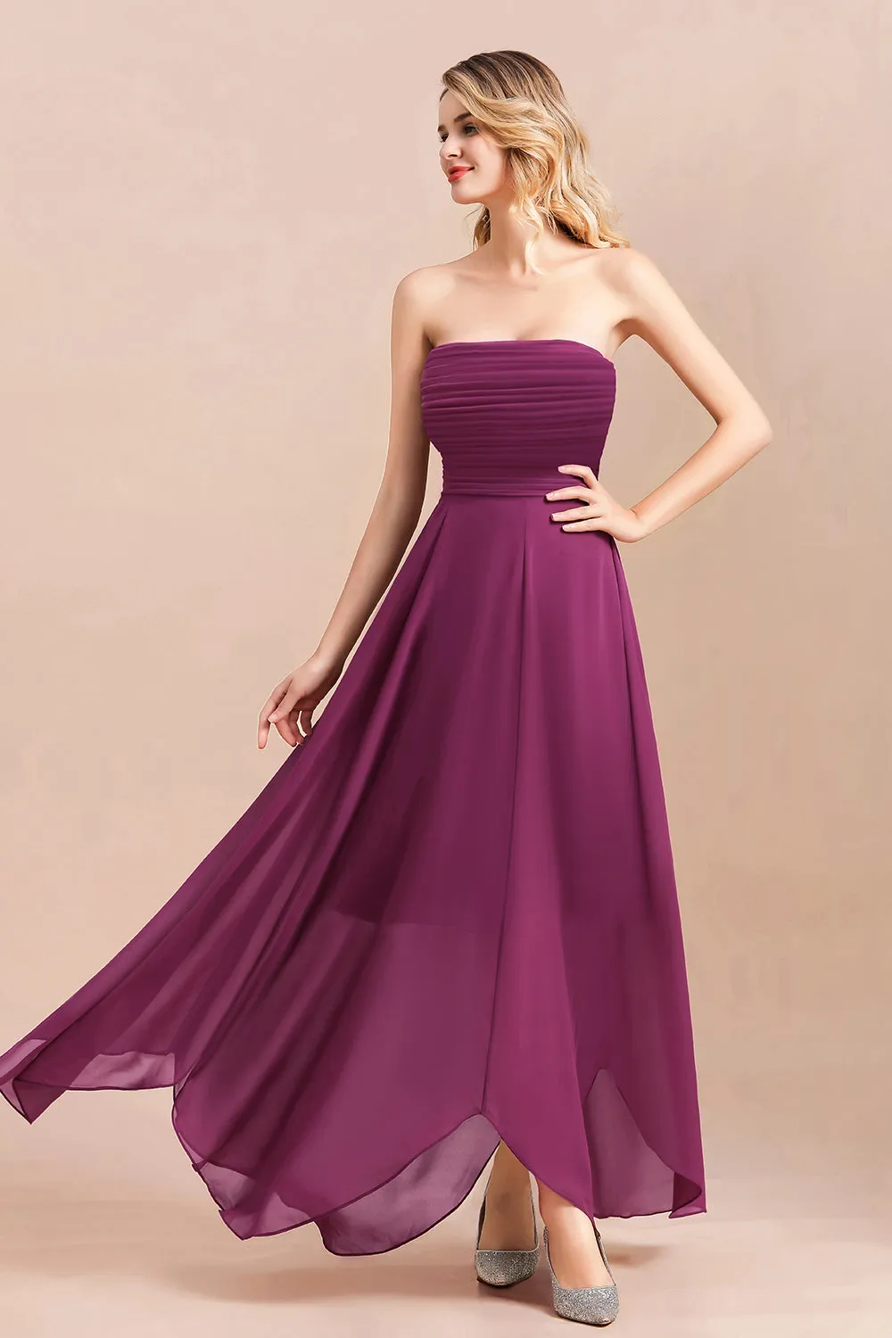 A-Line Strapless Backless Evening Party Dress Charming Chiffon Bridesmaid Dress