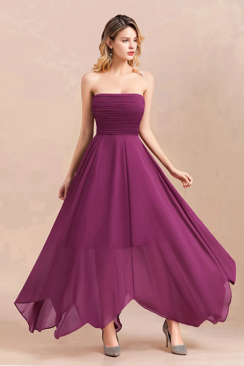 A-Line Strapless Backless Evening Party Dress Charming Chiffon Bridesmaid Dress