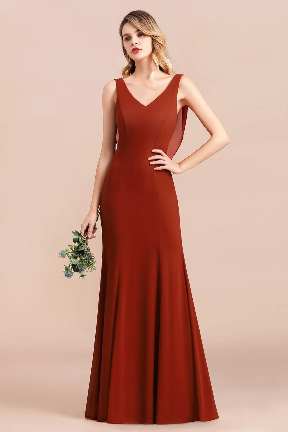 A-Line V-neck Backless Wedding Party Dress Wide Straps Chiffon Bridesmaid Dress