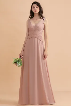 A-Line V-neck Chiffon Backless Bridesmaid Dress Classy Long Maid of Honor Dress