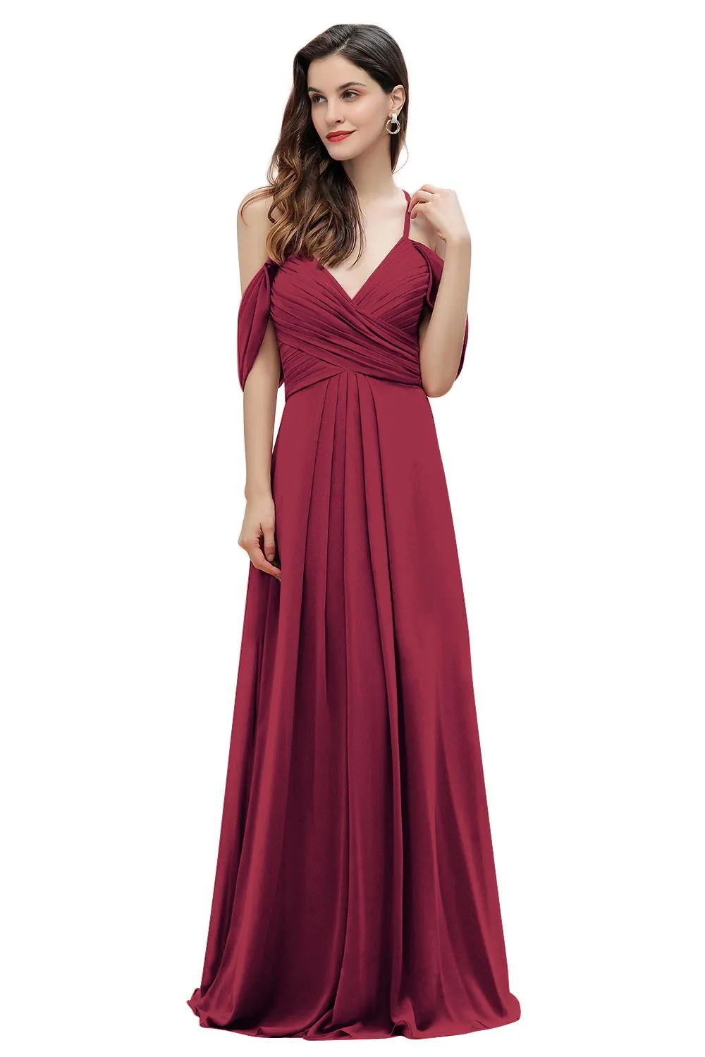 A-Line V-neck Off-the-Shoulder Chiffon Bridesmaid Dress Long Wedding Party Dress