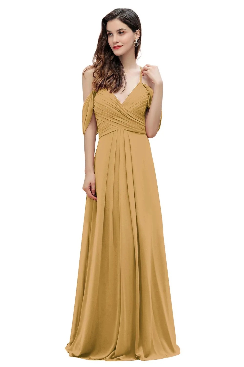 A-Line V-neck Off-the-Shoulder Chiffon Bridesmaid Dress Long Wedding Party Dress