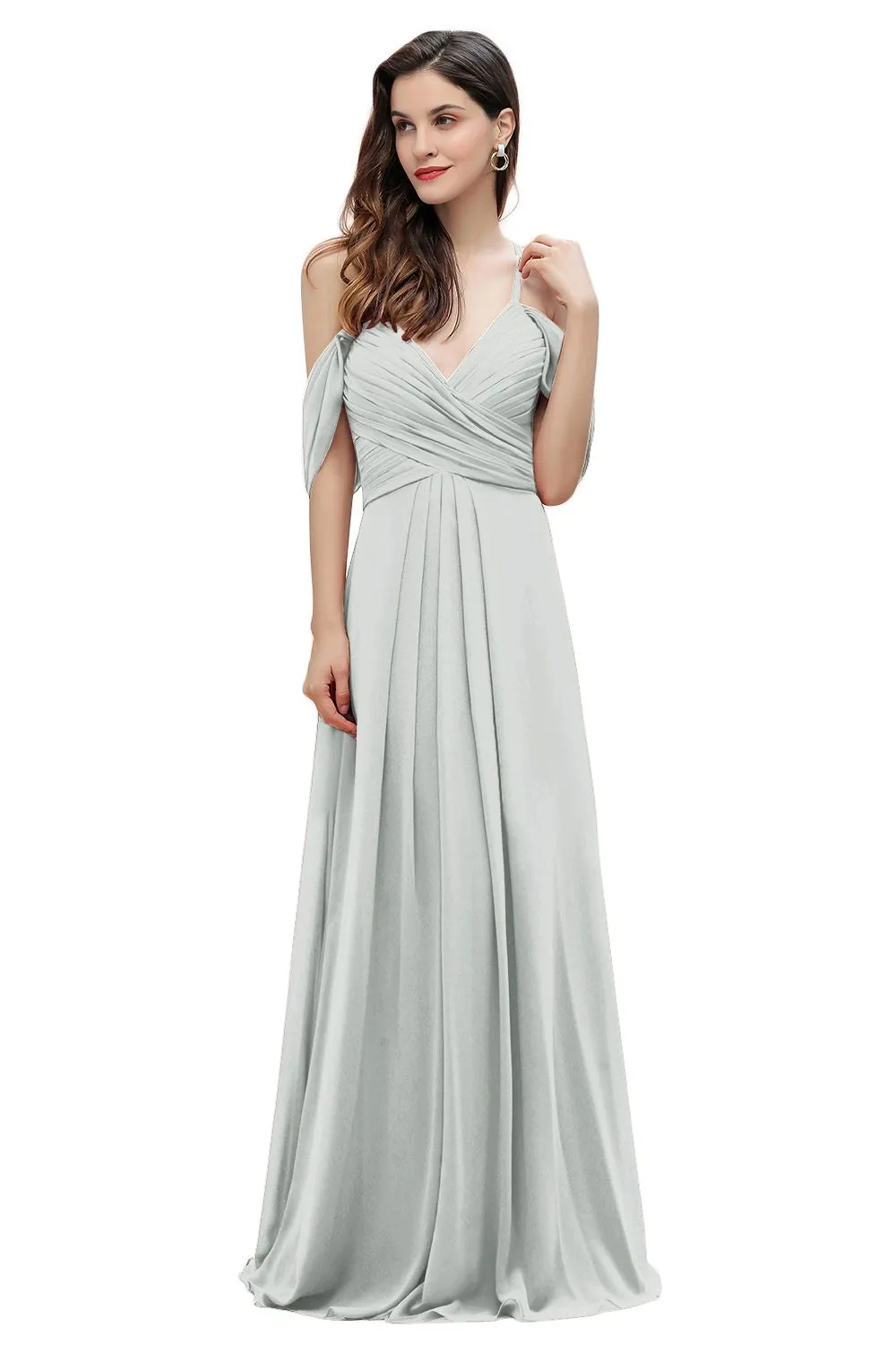 A-Line V-neck Off-the-Shoulder Chiffon Bridesmaid Dress Long Wedding Party Dress