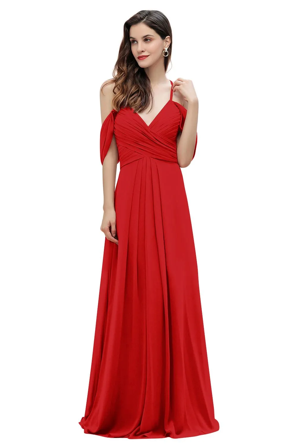 A-Line V-neck Off-the-Shoulder Chiffon Bridesmaid Dress Long Wedding Party Dress