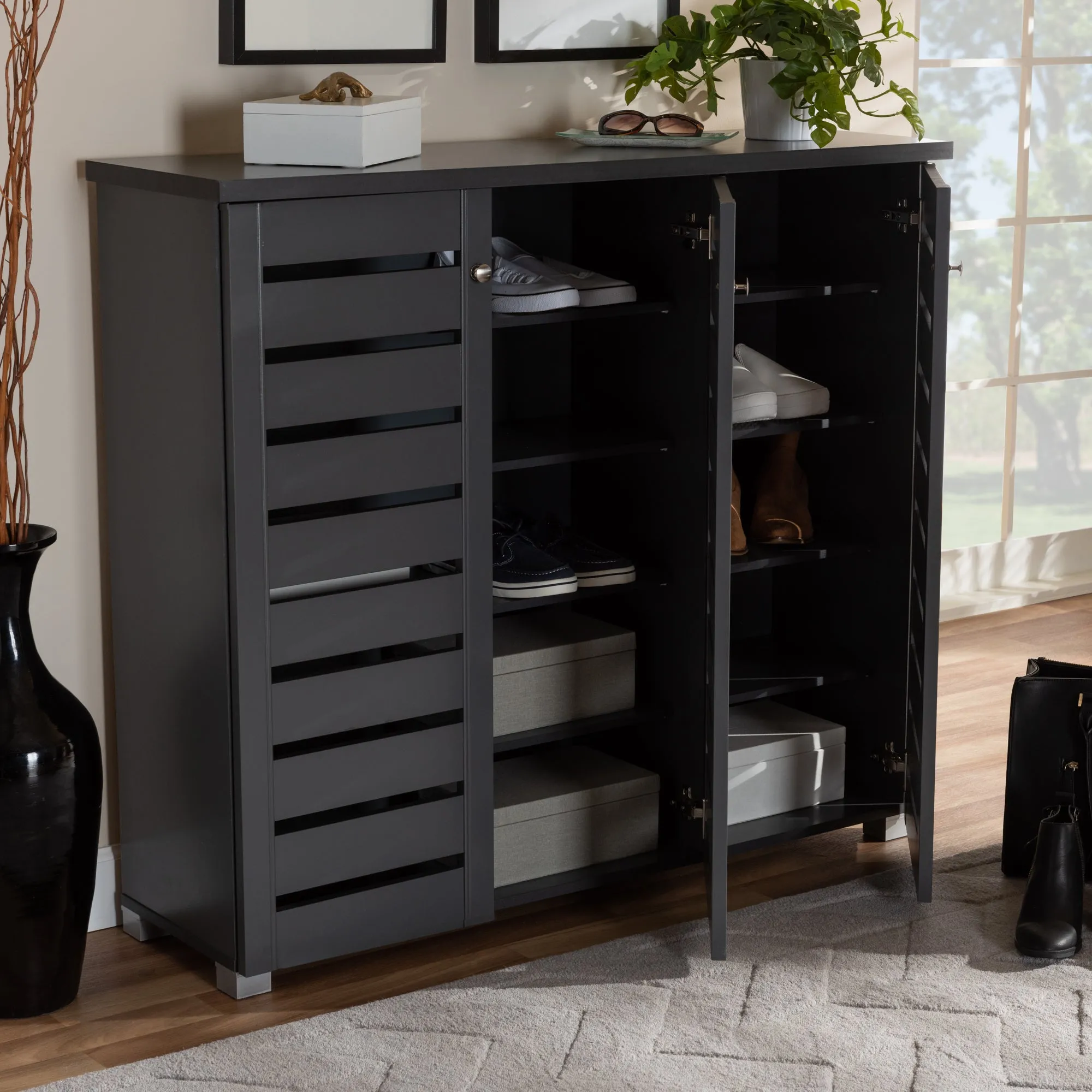 Adalwin Stylish Dark Grey Shoe Storage Cabinet with Ventilated Shelves for Organized Footwear