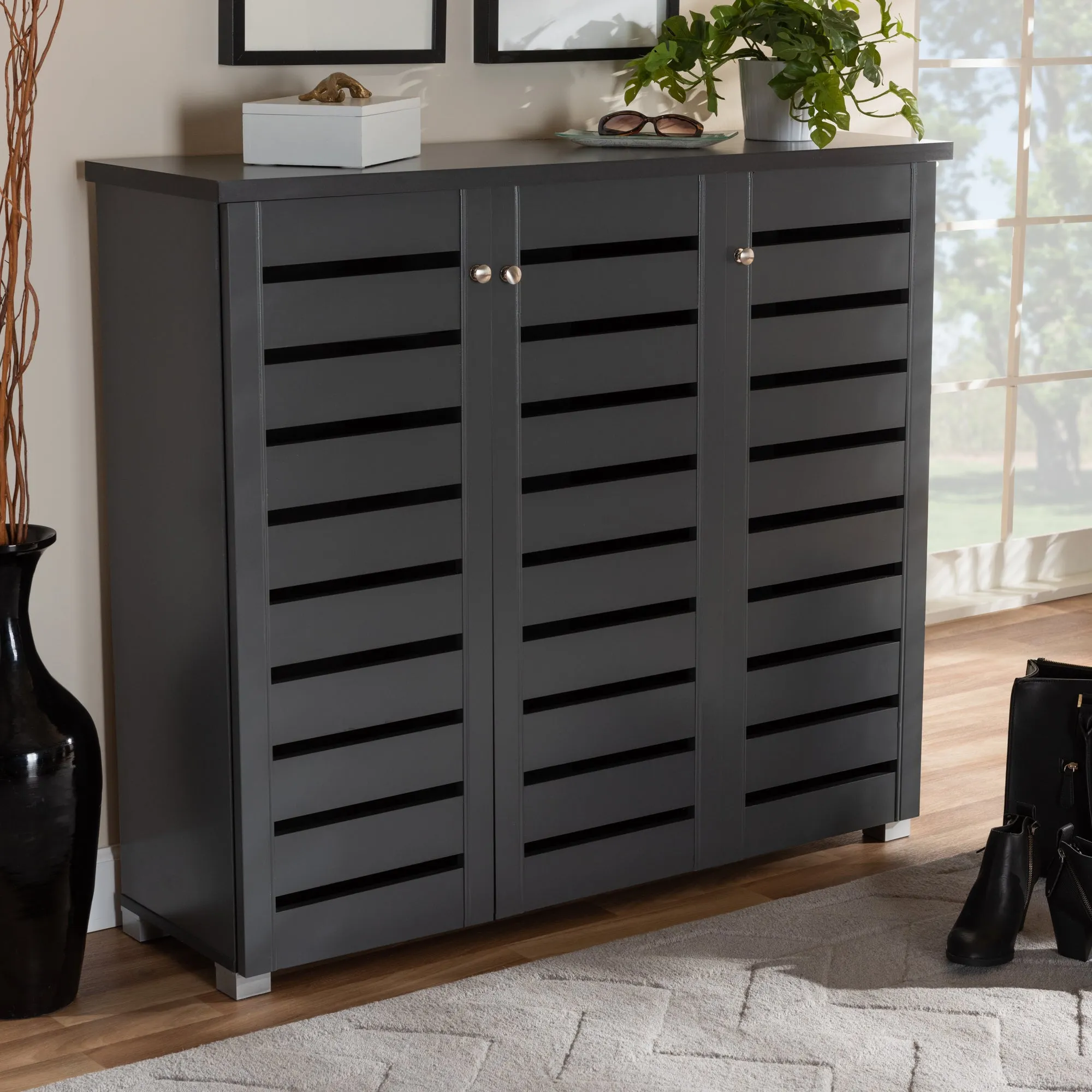 Adalwin Stylish Dark Grey Shoe Storage Cabinet with Ventilated Shelves for Organized Footwear