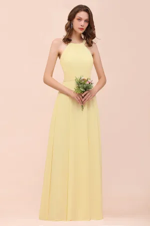 Affordable A-line Jewel Chiffon Long Daffodil Bridesmaid Dress with Ruffle