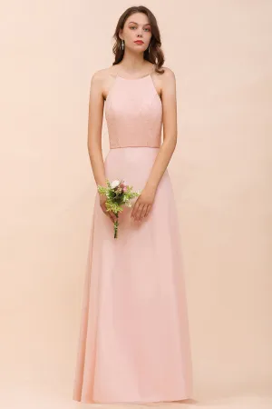 Affordable Shealth Spaghetti Straps Chiffon Long Bridesmaid Dress with Lace