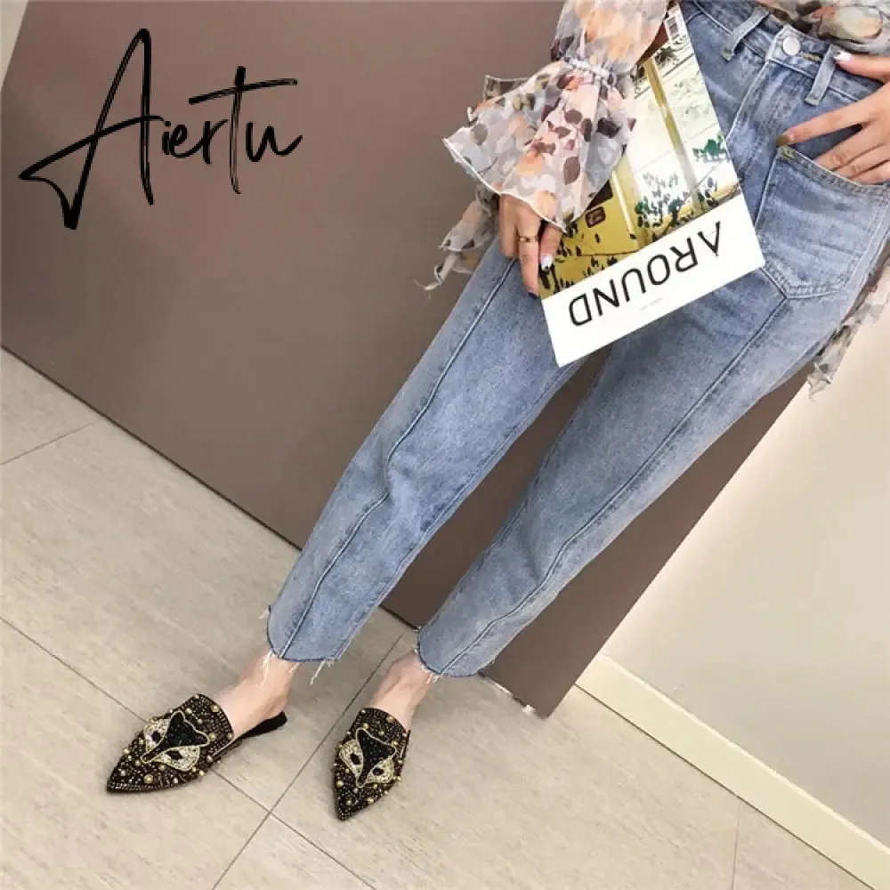 Aiertu Women Slippers Summer Mules Mesh Hollow Loafers Slip-on Designer Shoes Backless Flats Slide Low Heel Luxury Party Shoes Bling