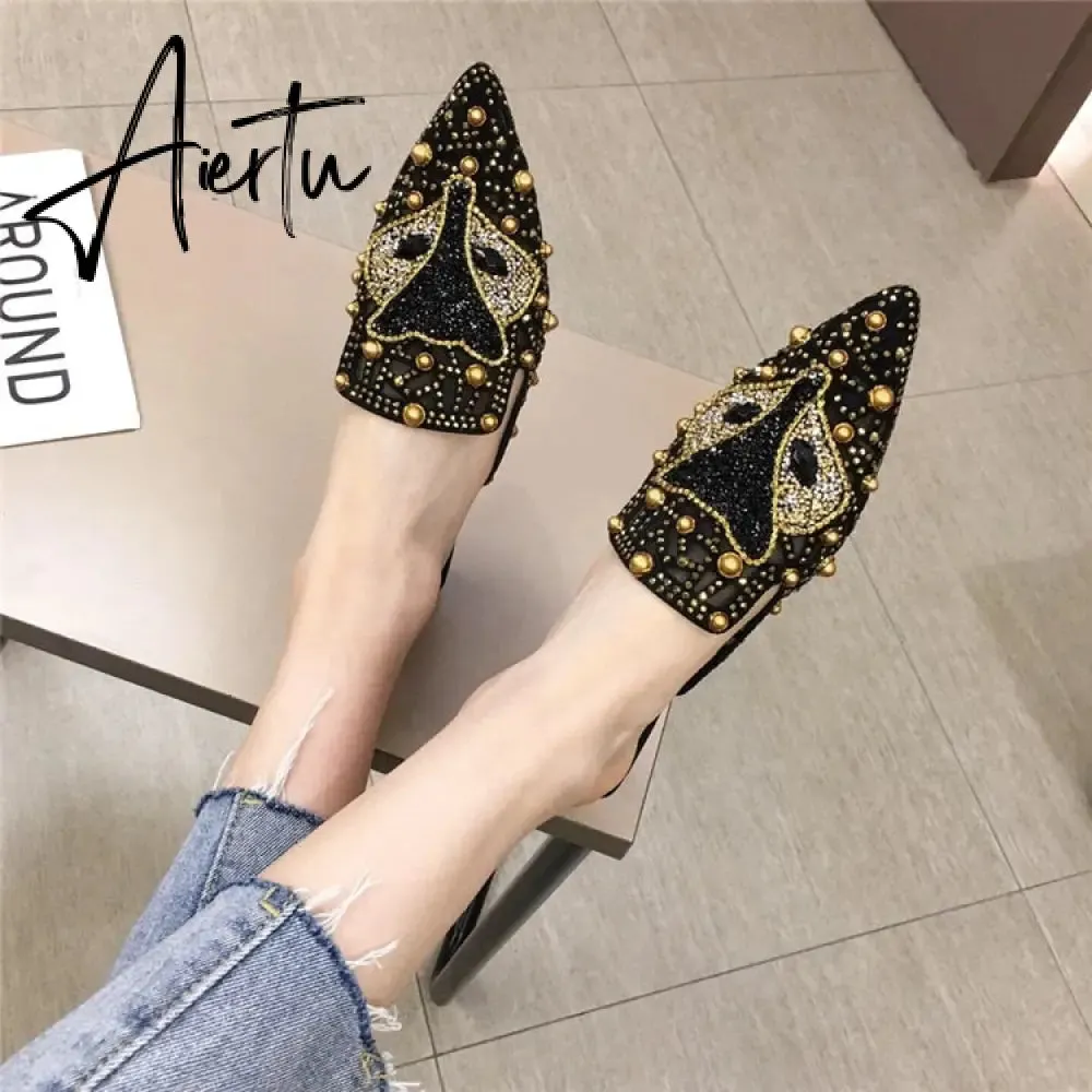 Aiertu Women Slippers Summer Mules Mesh Hollow Loafers Slip-on Designer Shoes Backless Flats Slide Low Heel Luxury Party Shoes Bling