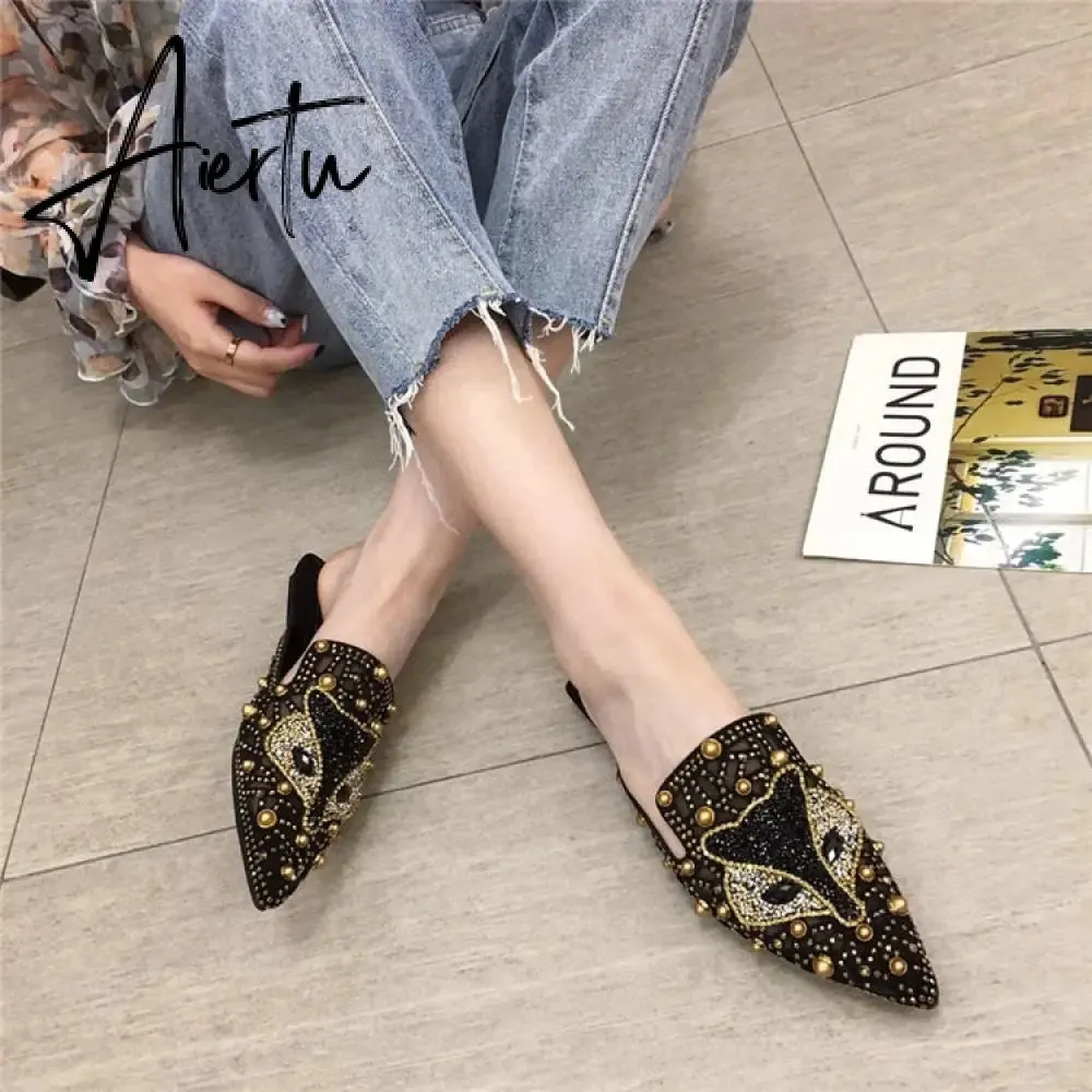 Aiertu Women Slippers Summer Mules Mesh Hollow Loafers Slip-on Designer Shoes Backless Flats Slide Low Heel Luxury Party Shoes Bling