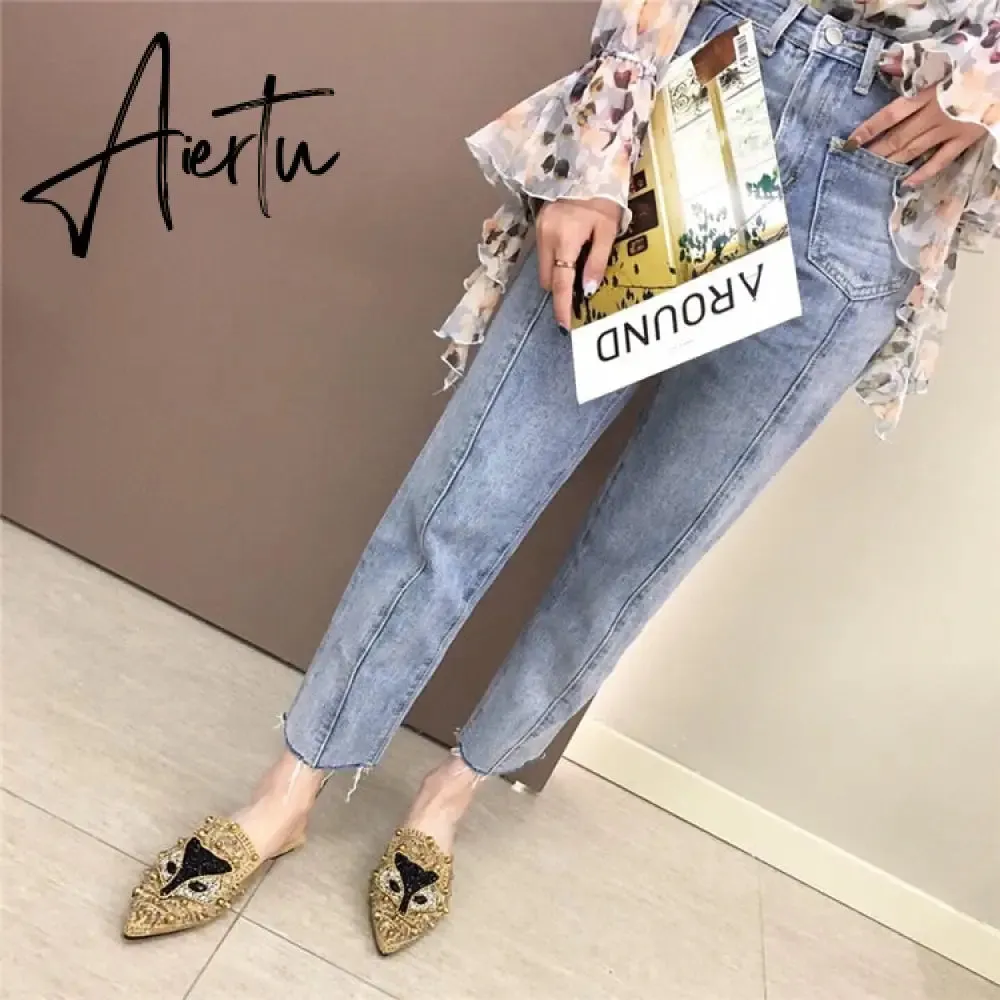 Aiertu Women Slippers Summer Mules Mesh Hollow Loafers Slip-on Designer Shoes Backless Flats Slide Low Heel Luxury Party Shoes Bling