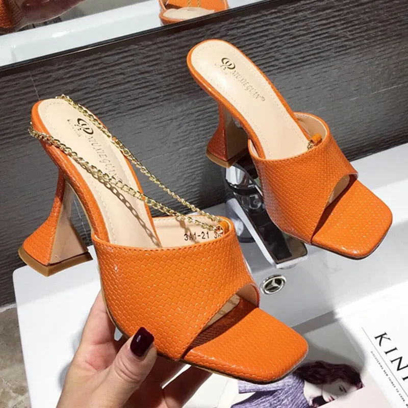 Amozae-2024 Luxury Slides Mules Women 9cm High Heels Fetish Summer Sandals Orange Heels Mules Slippers Prom Party Wedding Stripper Shoe