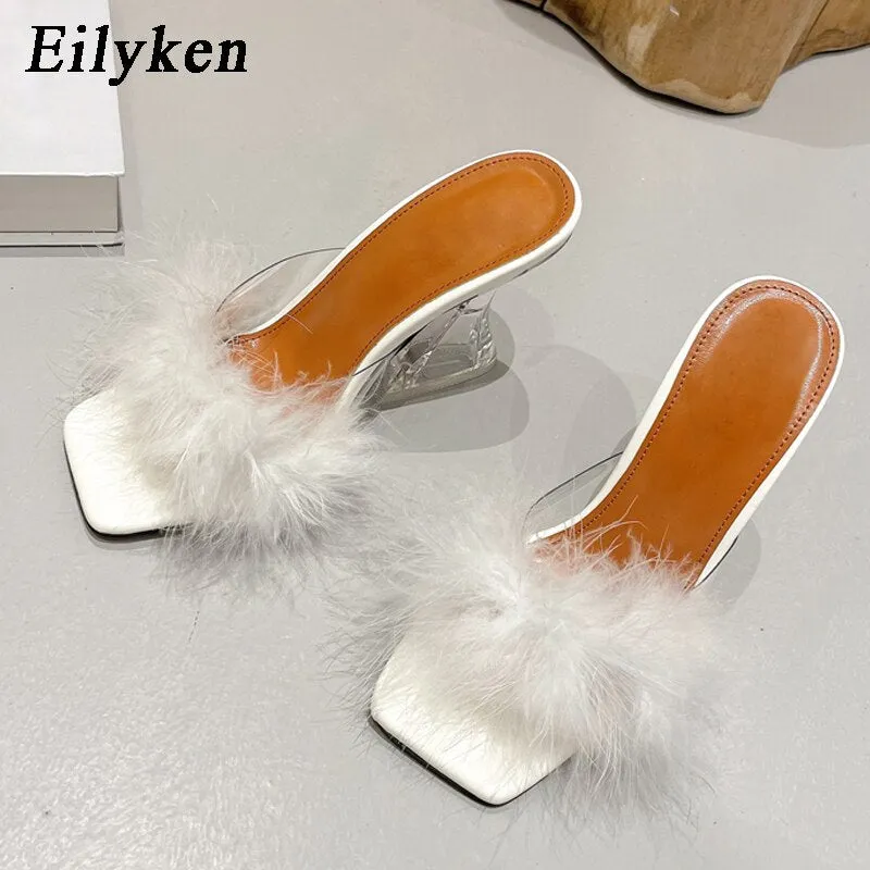 Amozae-Aomzae Woman Feather Transparent Strange High heels Fur Slippers Sandals Women Peep toe Mules Lady Pumps Slides size 35-41