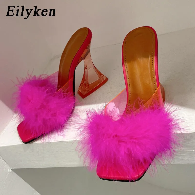 Amozae-Aomzae Woman Feather Transparent Strange High heels Fur Slippers Sandals Women Peep toe Mules Lady Pumps Slides size 35-41