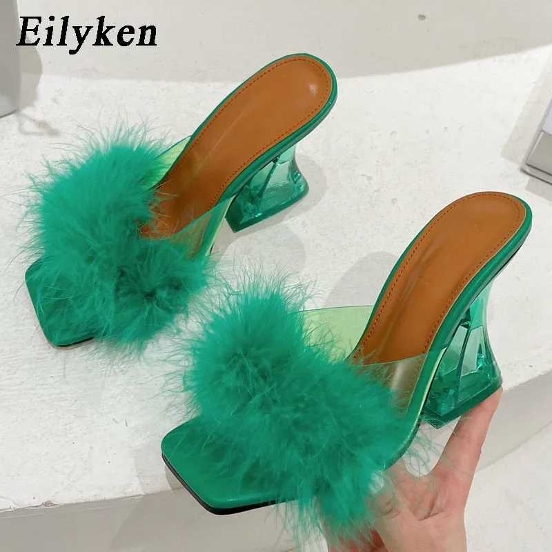 Amozae-Aomzae Woman Feather Transparent Strange High heels Fur Slippers Sandals Women Peep toe Mules Lady Pumps Slides size 35-41