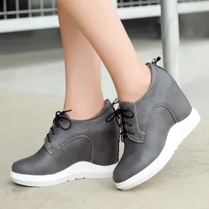 Amozae Fashion Wedges Sneakers Women Spring Autumn Comfort Hidden Platform Casual Shoes Women Lace-up Wedge Heels Grey White Sneakers