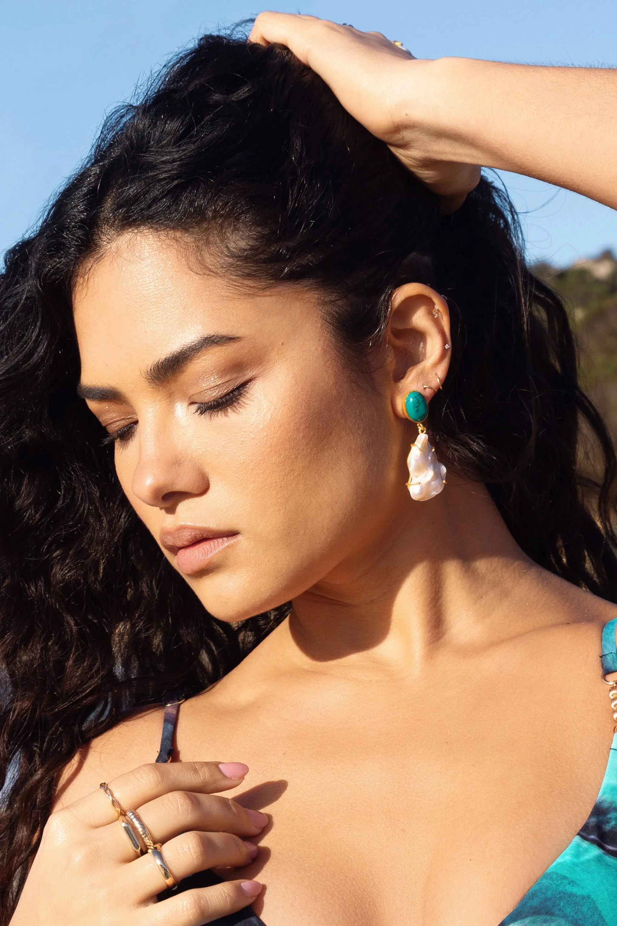 Aqua | Gold & Green Drop Earrings With Iridescent Shells