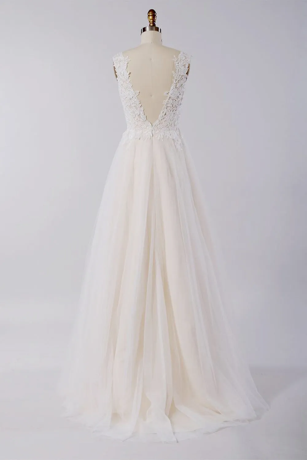 Awesome Long A-line Appliques Lace Tulle Open Back Wedding Dress