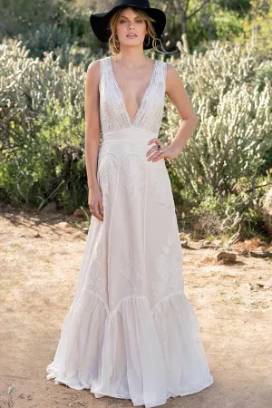 Awesome Long A-line V-neck Lace Chiffon Open Back Wedding Dress