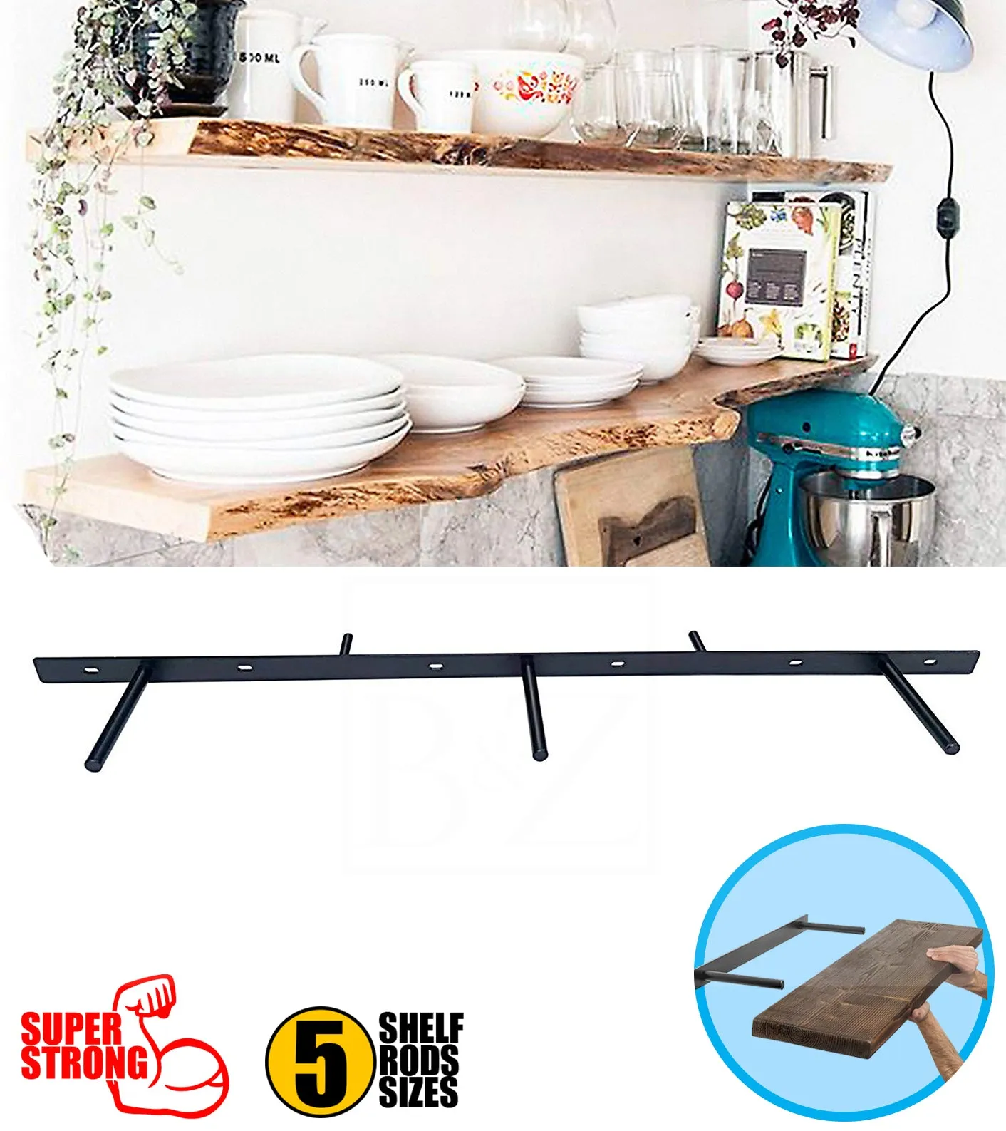 B&Z Customizable Floating Plate Shelf Support Brackets Extremly Heavy Duty Invisible Oak Mantel Timber Scaffold Board Reclaimed Railway Sleeper Wood Shelf