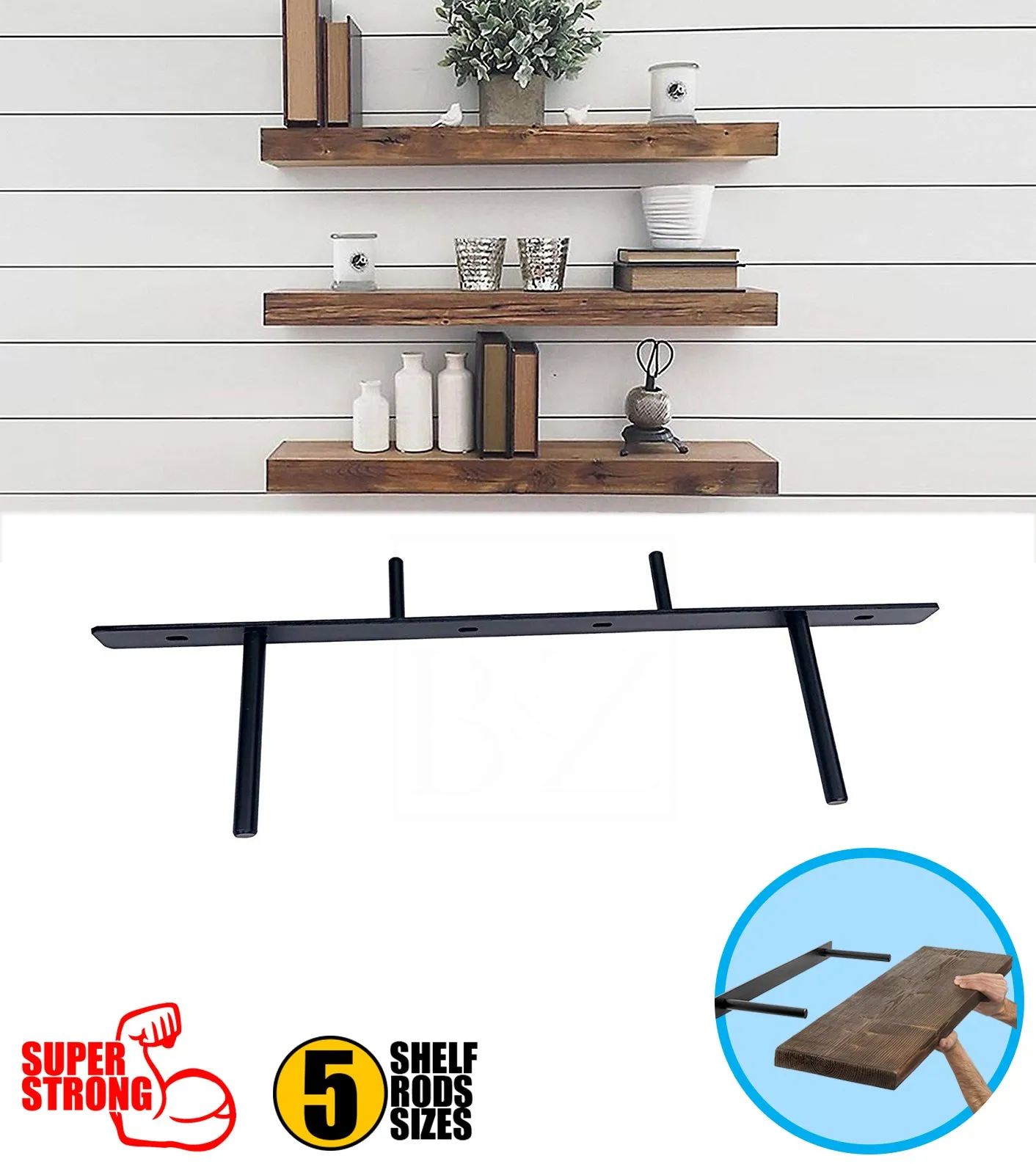 B&Z Customizable Floating Plate Shelf Support Brackets Extremly Heavy Duty Invisible Oak Mantel Timber Scaffold Board Reclaimed Railway Sleeper Wood Shelf