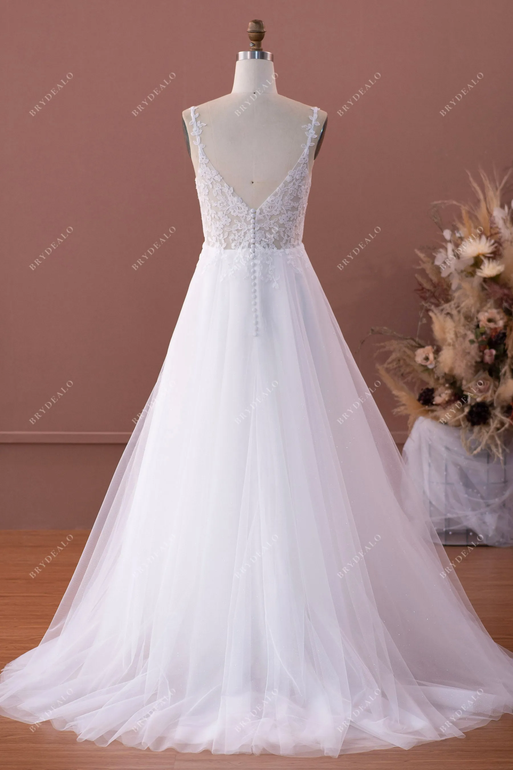 Beach Plunging Lace High Slit Wedding Dress with Pockets