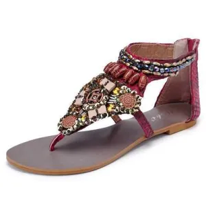 Beaded Gladiator Bohemia Clip Toe Zipper Flat Sandals