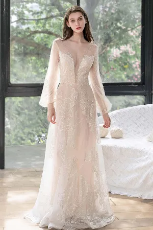 Beaded Plunging Bishop Sleeve Beach Bridal Dress