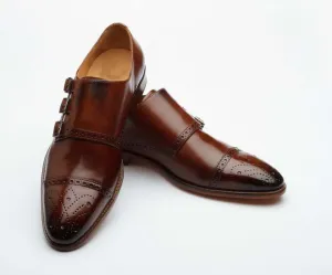 Bespoke Brown Cap Toe Shoes Triple Monk Straps Leather Shoe, Men Shoes,Dress Shoes