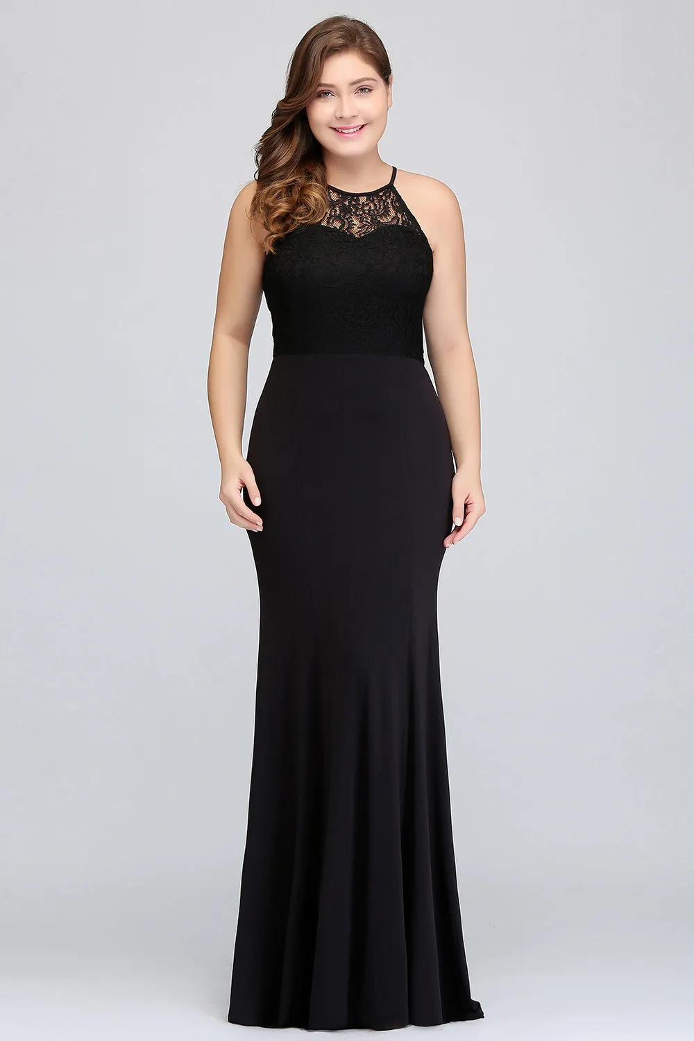 Black Plus Size Long Halter Ruffles Mermaid Bridesmaid Dress