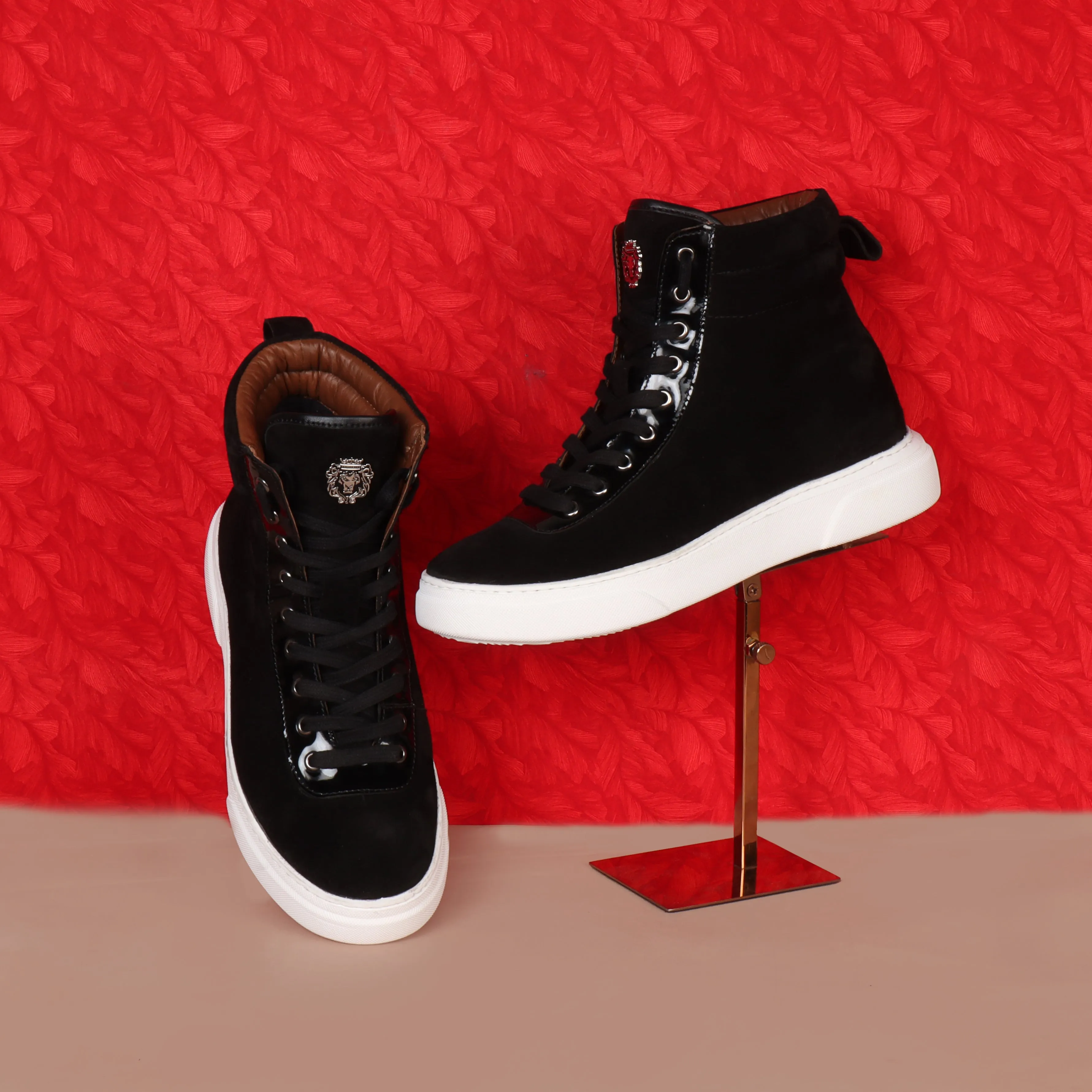 Black Suede Leather With Contrasting Patent Detailing Mid Top Lace-Up Sneakers by Brune & Bareskin