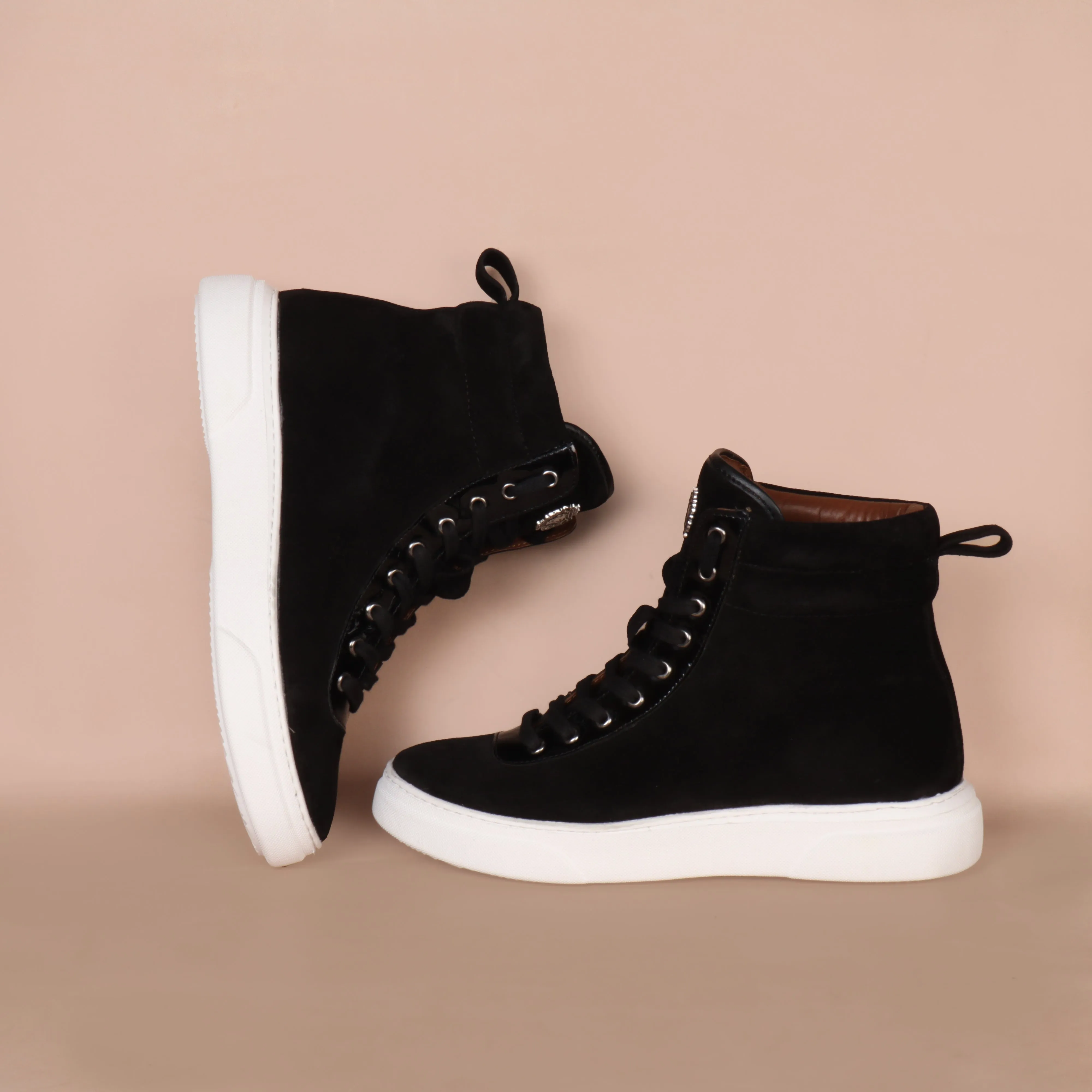 Black Suede Leather With Contrasting Patent Detailing Mid Top Lace-Up Sneakers by Brune & Bareskin