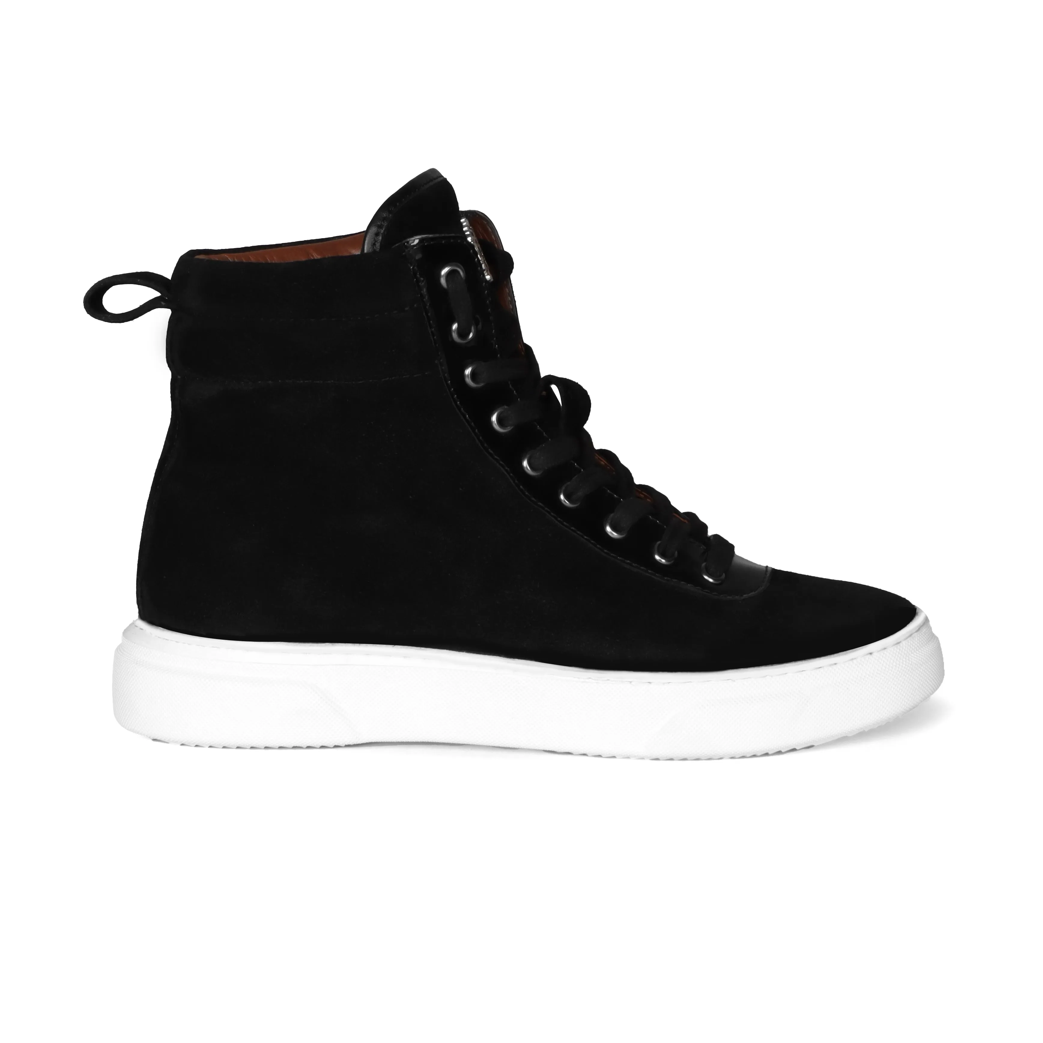 Black Suede Leather With Contrasting Patent Detailing Mid Top Lace-Up Sneakers by Brune & Bareskin