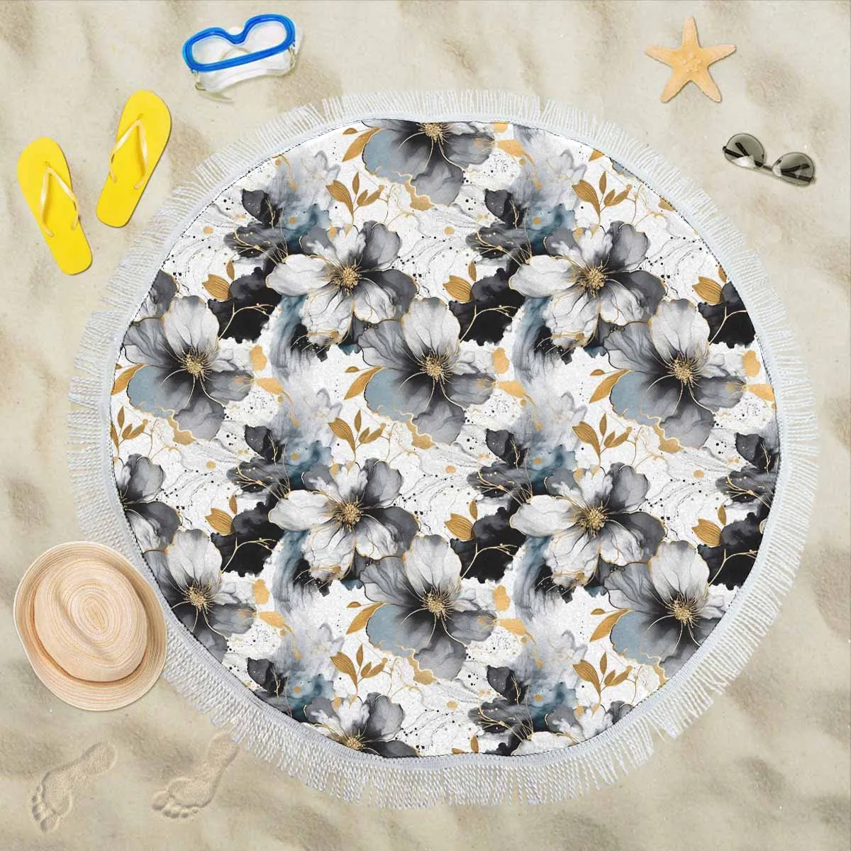 Black White and Gold  Circular Beach Shawl 59"