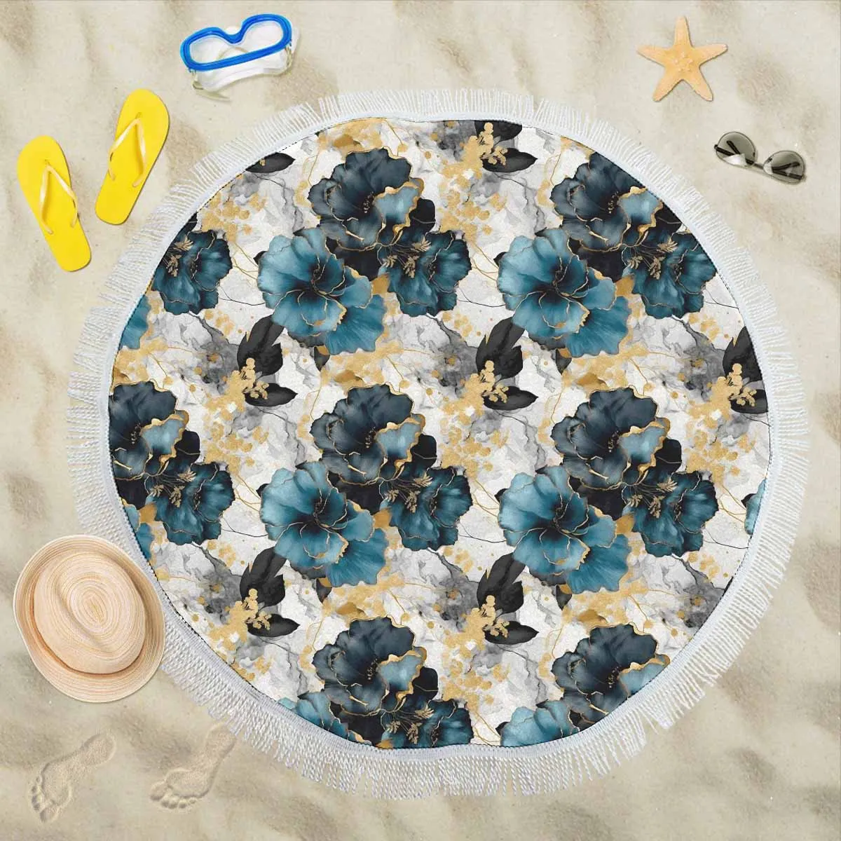 Blue & Gold Ink Floral  Circular Beach Shawl 59"