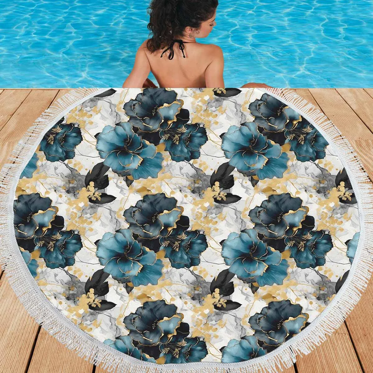 Blue & Gold Ink Floral  Circular Beach Shawl 59"