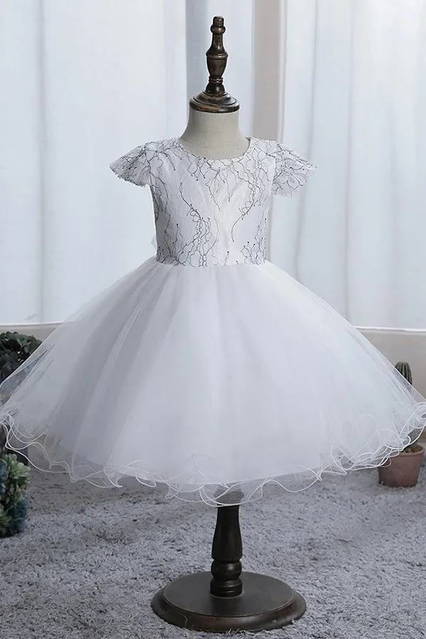 Blue Short Ball Gown Scoop Tulle Lace Flower Girl Dresses with Cap Sleeve