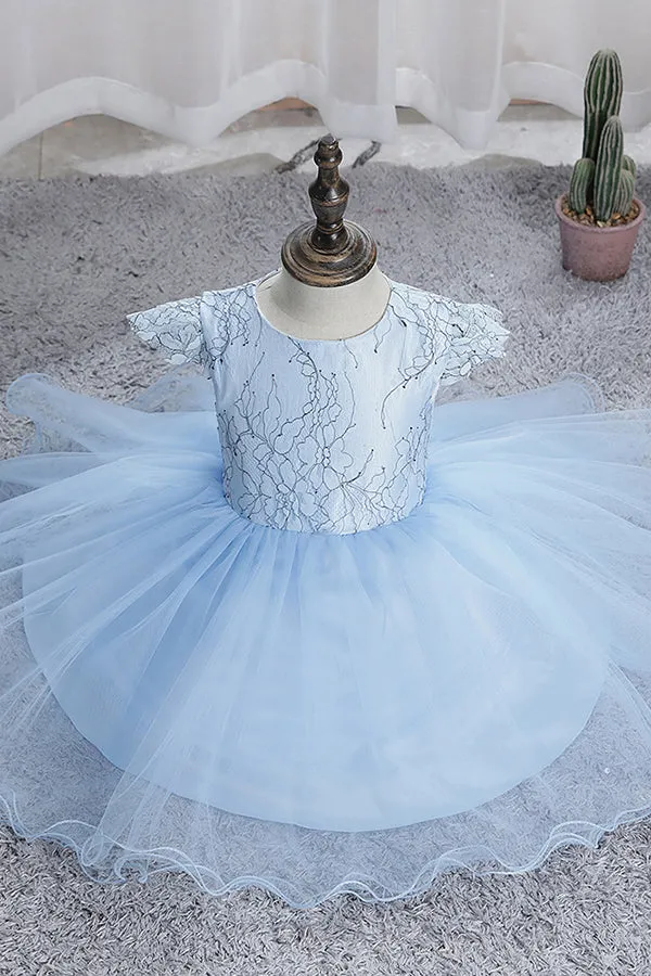 Blue Short Ball Gown Scoop Tulle Lace Flower Girl Dresses with Cap Sleeve