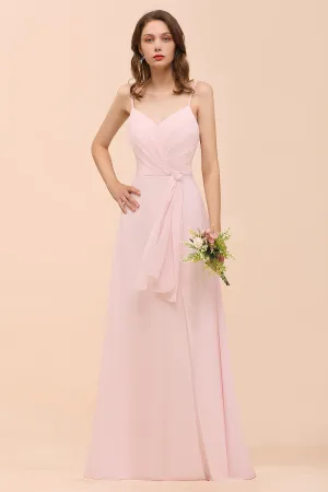 Blushing Pink Long A-line V-neck Spaghetti Straps Chiffon Bridesmaid Dress