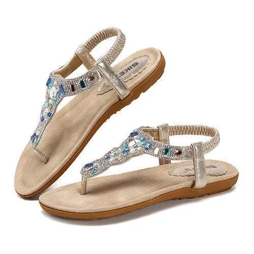 Bohemia Bead Rhinestone Crystal Clip Toe Elastic Beach Flat Flip Flops Sandals