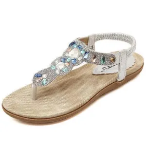 Bohemia Bead Rhinestone Crystal Clip Toe Elastic Beach Flat Flip Flops Sandals