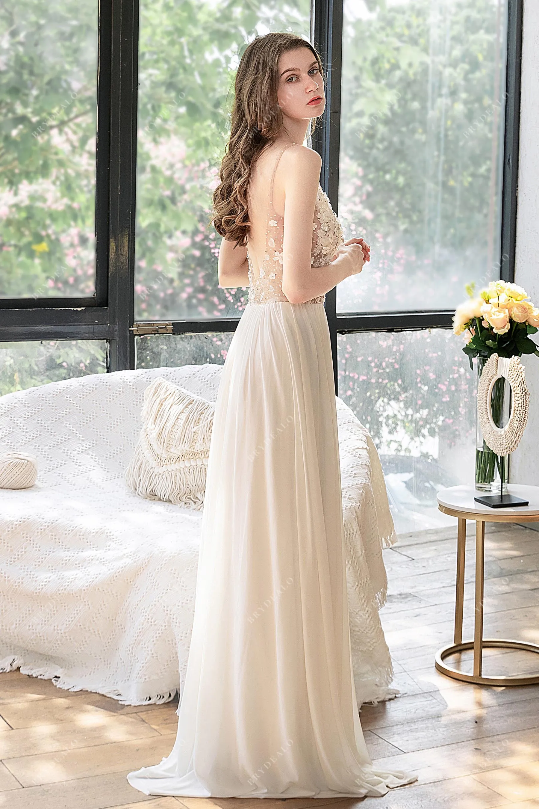 Boho Illusion Blooming Slim Chiffon Floor Length Beach Wedding Dress