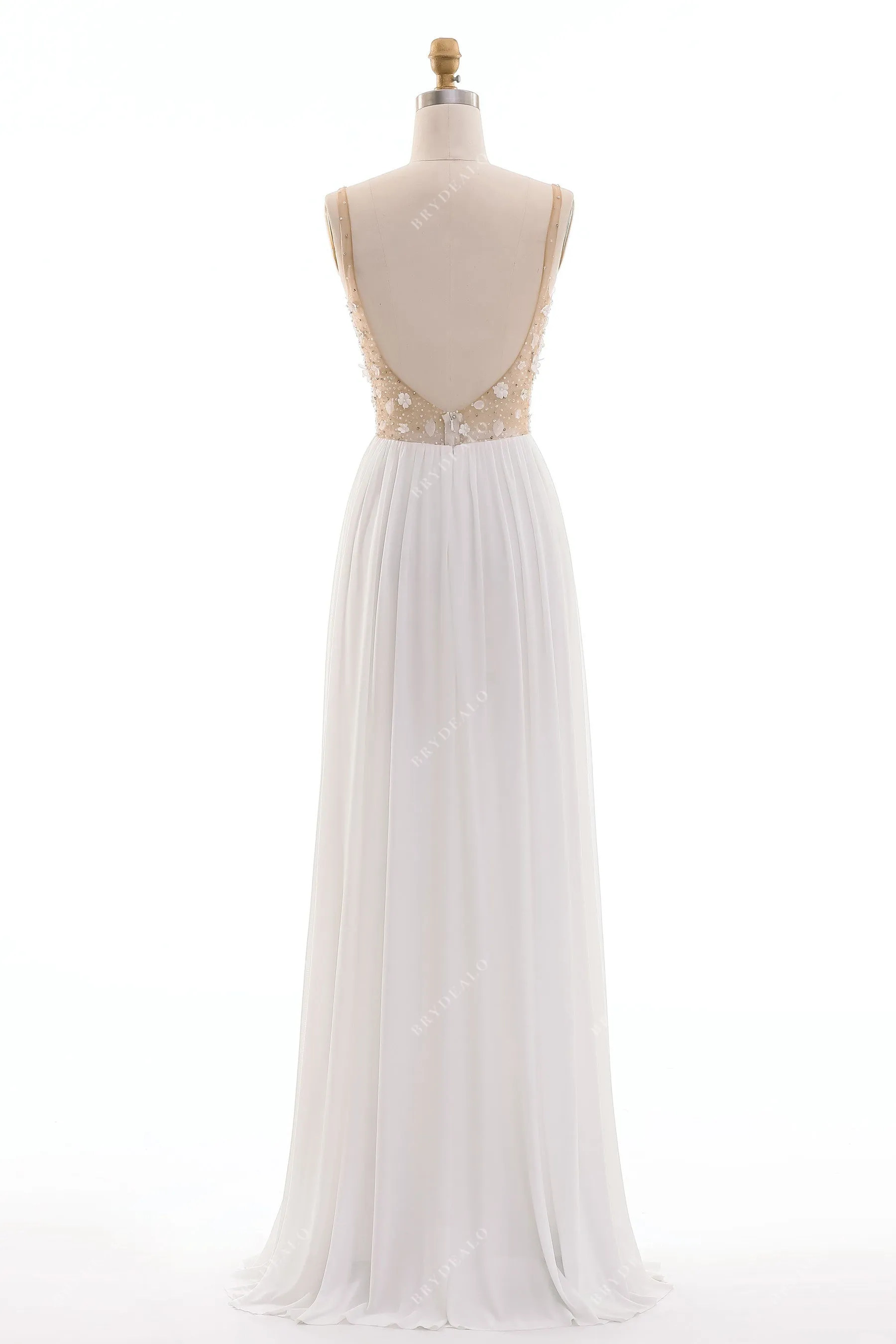 Boho Illusion Blooming Slim Chiffon Floor Length Beach Wedding Dress